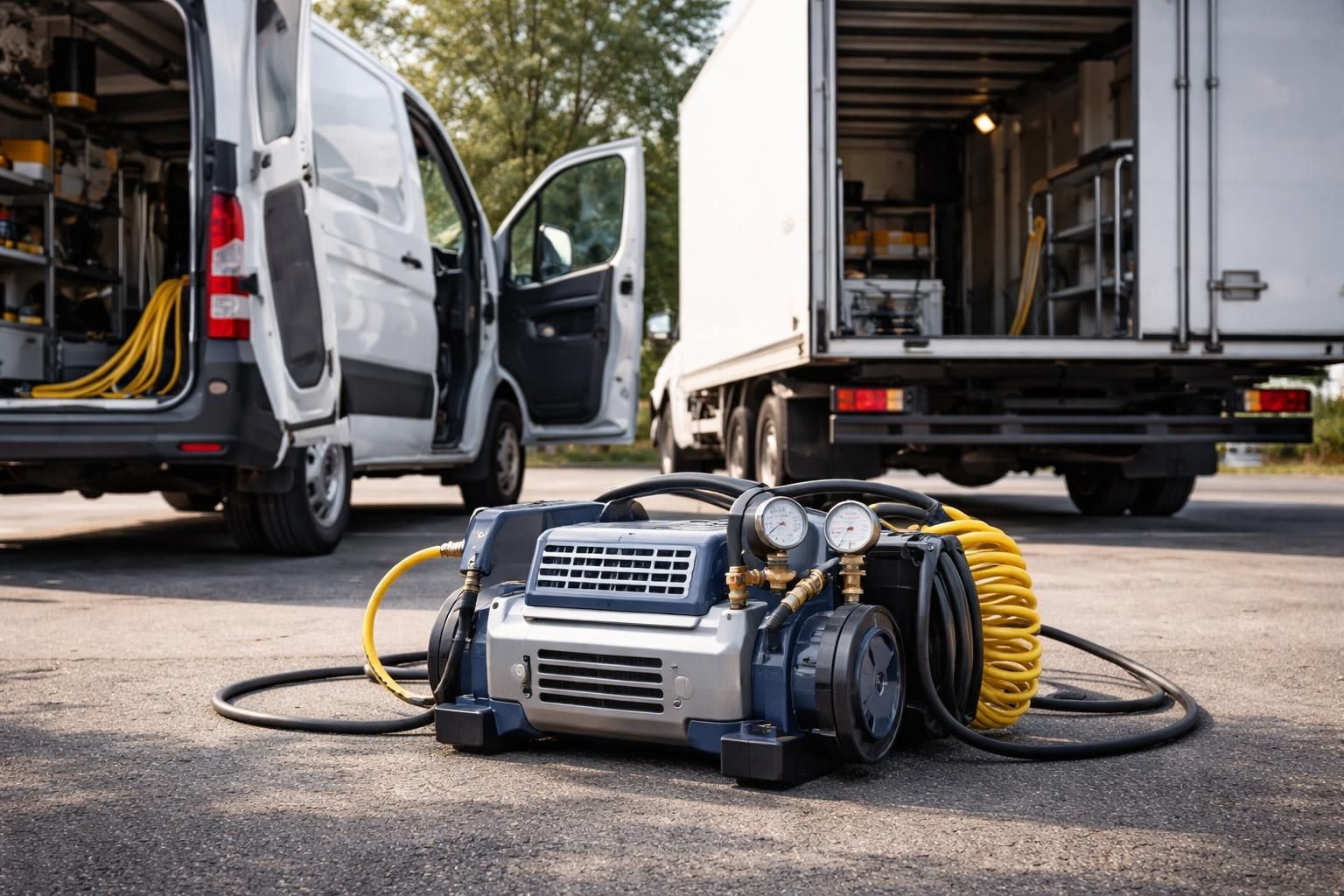 découvrez notre compresseur portatif professionnel, idéal pour les flottes de camionnettes et camions, offrant performance, robustesse et facilité d'utilisation sur tous vos chantiers.