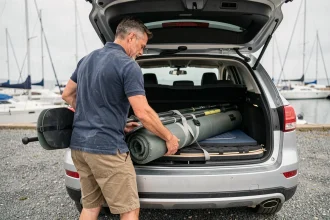 Homme chargeant un kayak gonflable et des pagaies dans le coffre d'un SUV aménagé près d'un port de plaisance