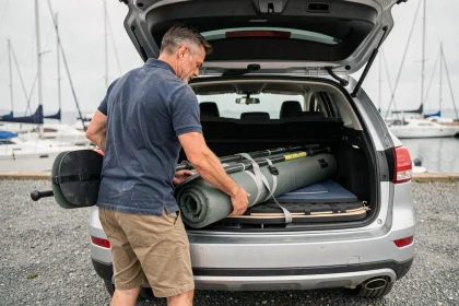 Homme chargeant un kayak gonflable et des pagaies dans le coffre d'un SUV aménagé près d'un port de plaisance