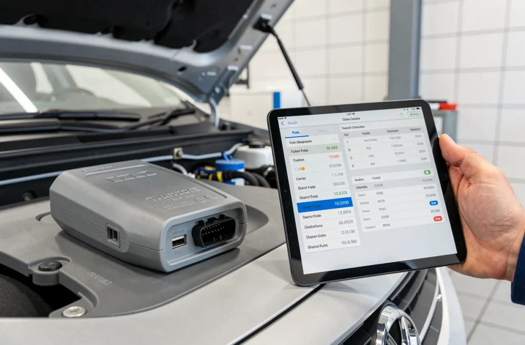 Balise de diagnostic automobile et tablette affichant des codes de défaut dans un atelier de concession moderne