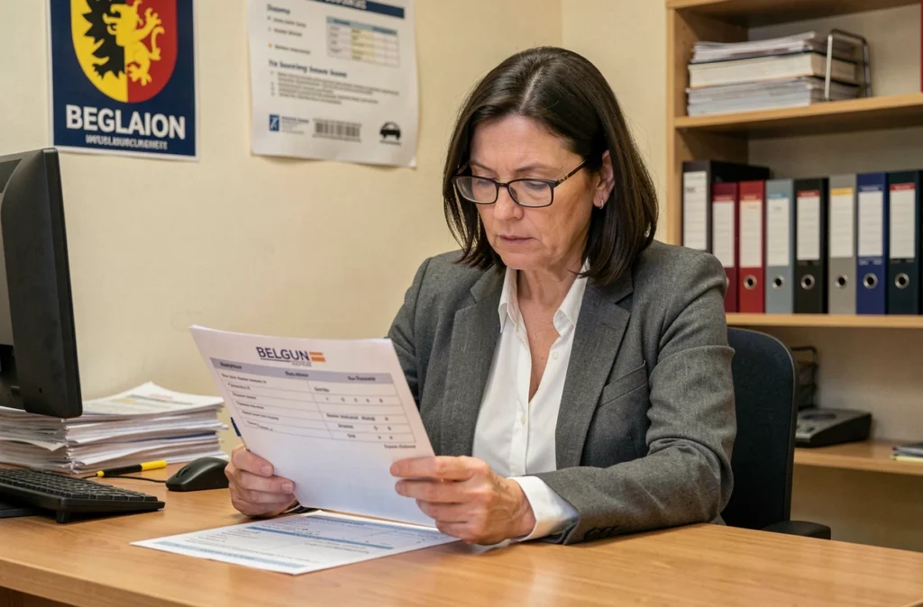 Femme examinant un formulaire d'immatriculation dans un bureau administratif belge