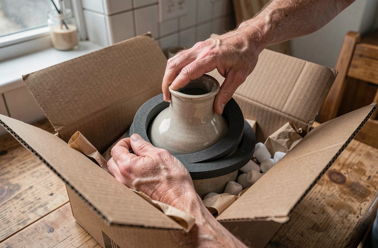 Gros plan sur des mains calant un objet fragile dans un carton avec mousse de protection pour expédition