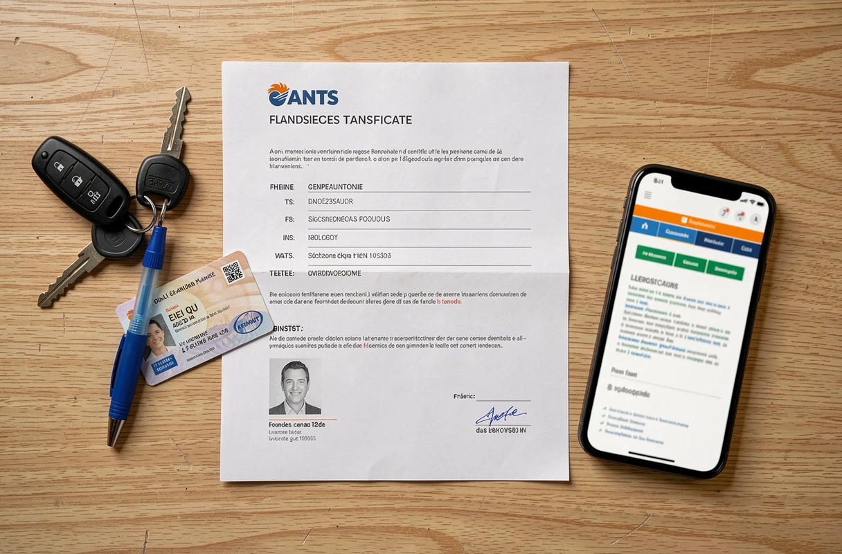 Vue aérienne d'un certificat de cession de véhicule avec clés et carte d'identité sur un bureau