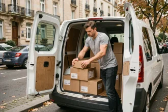 Homme chargeant des cartons étiquetés dans un utilitaire Citroën Berlingo blanc lors d'un déménagement en ville