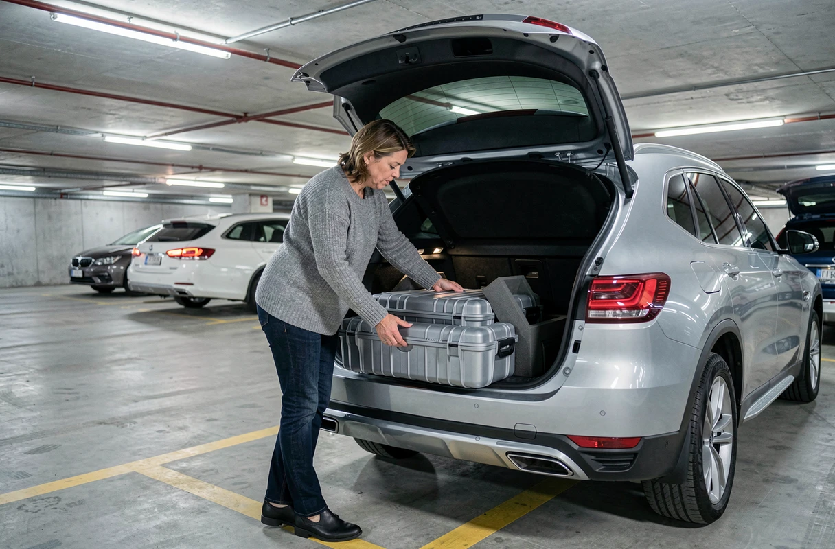 Femme chargeant des valises de matériel fragile dans le coffre d'un SUV dans un parking souterrain