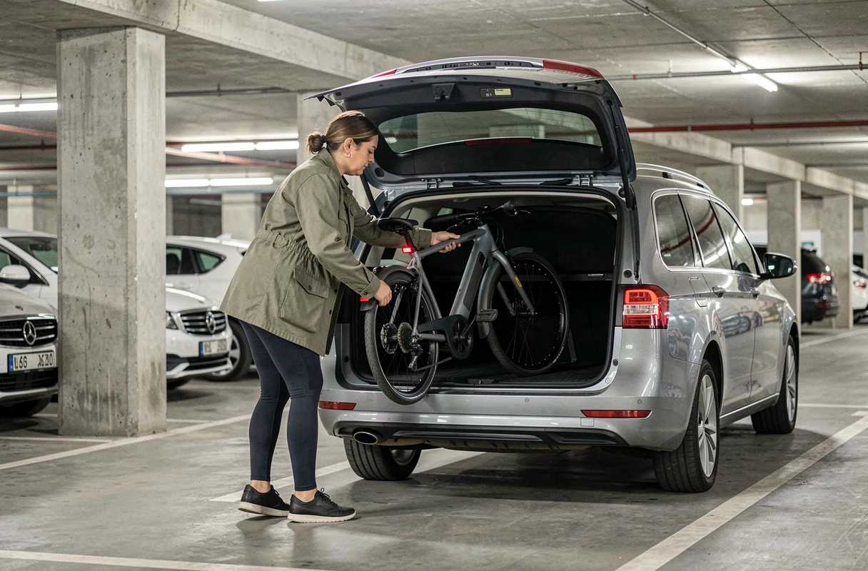 Femme chargeant un vélo électrique pliant dans le coffre d'un break dans un parking souterrain