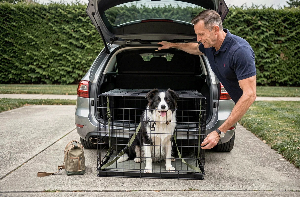 Homme ouvrant le coffre d'un break avec un chien border collie dans une cage métallique sécurisée par des sangles