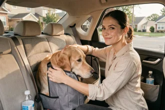 Femme sécurisant son chien golden retriever dans une caisse de transport attachée sur la banquette arrière d'un SUV