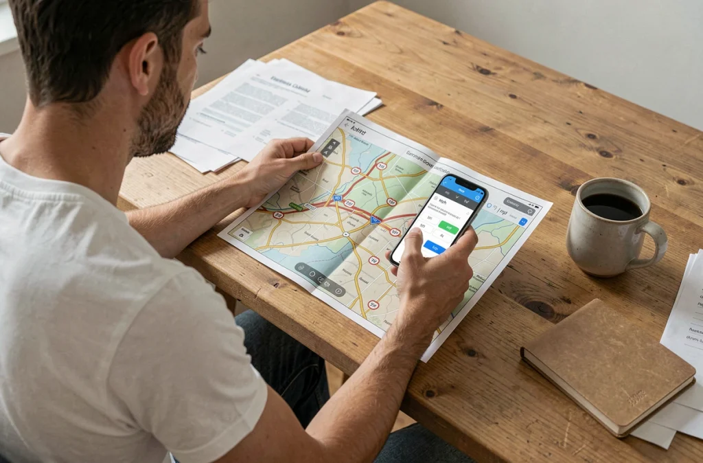 Homme comparant une carte routière et un smartphone avec réglage GPS mph kph sur un bureau à domicile