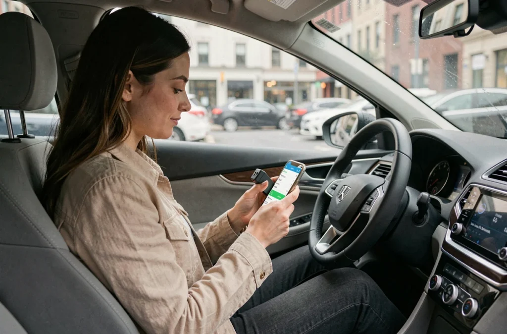 Conductrice utilisant une balise de diagnostic automobile connectée à son smartphone dans sa voiture en ville