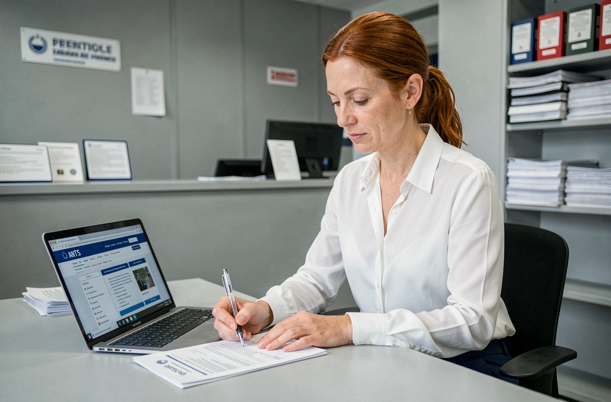 Femme remplissant une demande de duplicata de carte grise dans une préfecture française