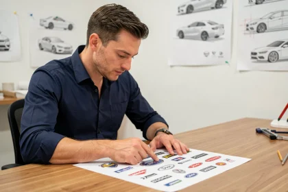 Designer automobile étudiant une planche de logos de marques de voitures dans un studio moderne