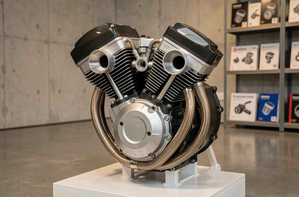 Détail macro du moteur haute cylindrée d'une moto de série avec composants en titane et fibre de carbone