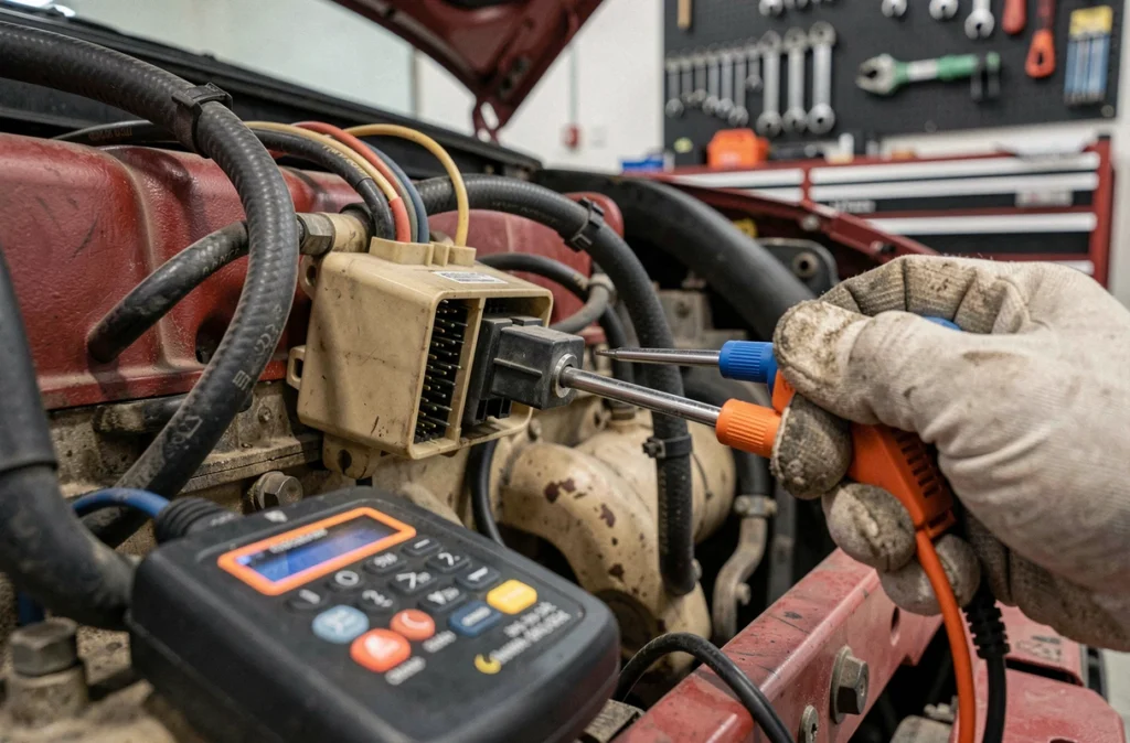 Relais de préchauffage diesel déconnecté avec multimètre et lecteur OBD lors du diagnostic d'un code erreur 1351