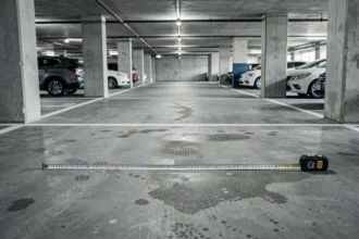 Espace de stationnement souterrain en copropriété avec marquage au sol et mesures des dimensions d'une place de parking