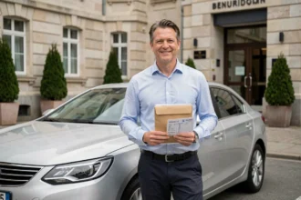 Homme tenant des documents d'immatriculation devant un bâtiment administratif belge avec une voiture immatriculée