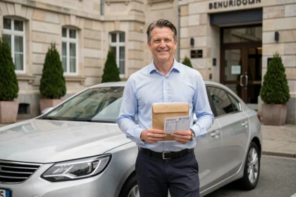 Homme tenant des documents d'immatriculation devant un bâtiment administratif belge avec une voiture immatriculée