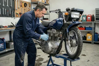 Mécanicien inspectant le moteur deux-temps d'une Yamaha 125 TZR dans un atelier de mécanique moto