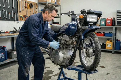 Mécanicien inspectant le moteur deux-temps d'une Yamaha 125 TZR dans un atelier de mécanique moto