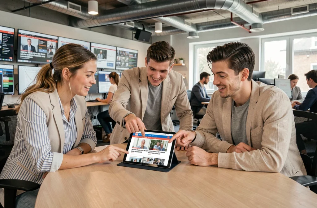 Équipe de jeunes professionnels consultant le site d'actualité Fr dans une rédaction moderne