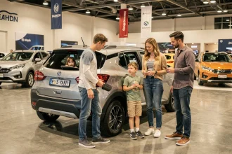 Famille avec deux enfants examinant un SUV familial sûr lors du Salon Auto Monaco