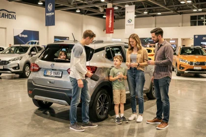 Famille avec deux enfants examinant un SUV familial sûr lors du Salon Auto Monaco