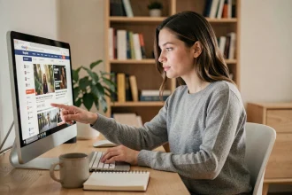 Femme consultant le site d'actualité Fr sur son ordinateur de bureau à domicile