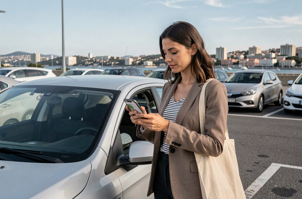 Femme consultant une application de covoiturage sur son smartphone dans un parking relais sur la Côte d'Azur