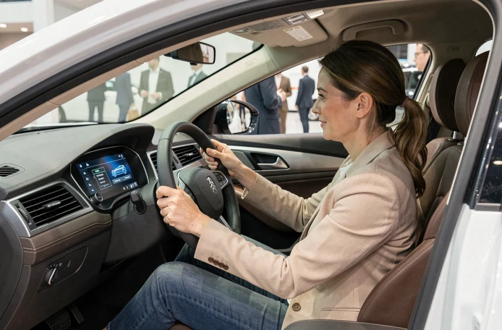 Femme testant l'habitacle d'une berline familiale économique au Salon Auto Monaco