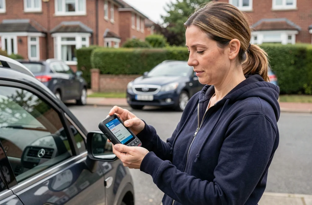 Femme réglant l'unité de vitesse mph ou kph sur un GPS portable à côté d'un SUV