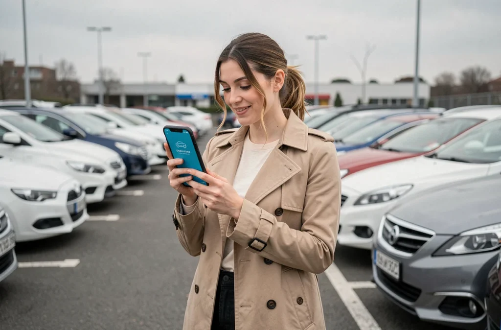 Femme testant ses connaissances sur les logos de marques automobiles avec une application sur smartphone dans un parking