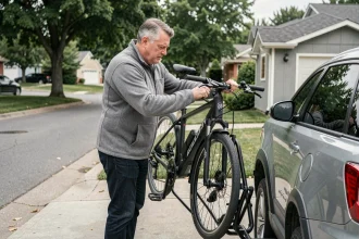 Homme fixant un vélo électrique sur un porte-vélos arrière de SUV dans une allée résidentielle
