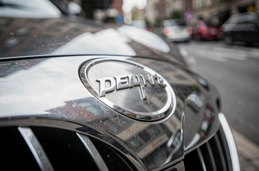 Gros plan sur l'emblème chromé d'une marque de voiture de luxe sur le capot, détail précis du logo automobile