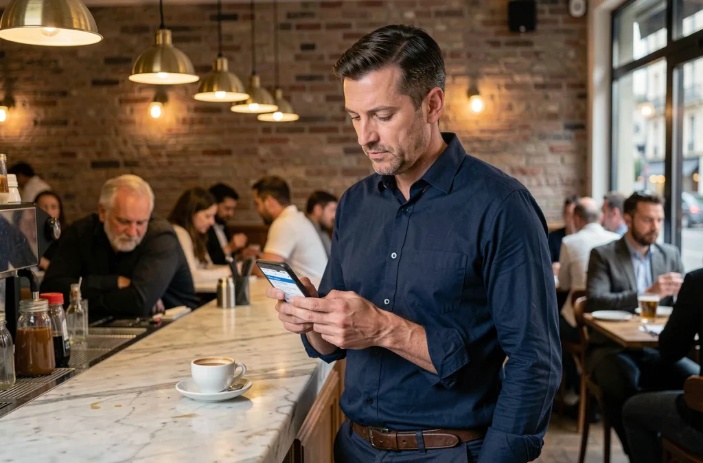 Homme lisant les dernières actualités sur son smartphone dans un café parisien