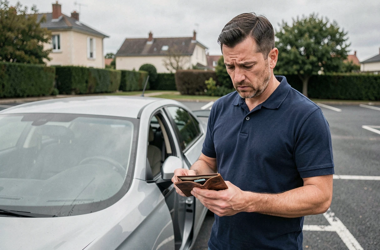 Homme découvrant la perte de sa carte grise près de son véhicule dans un parking