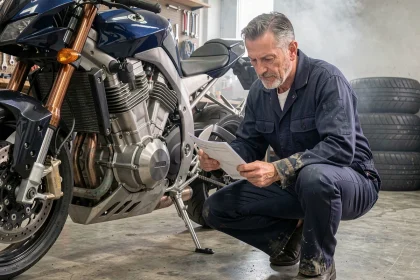 Ingénieur moto examinant le moteur d'une superbike haute performance dans un garage professionnel