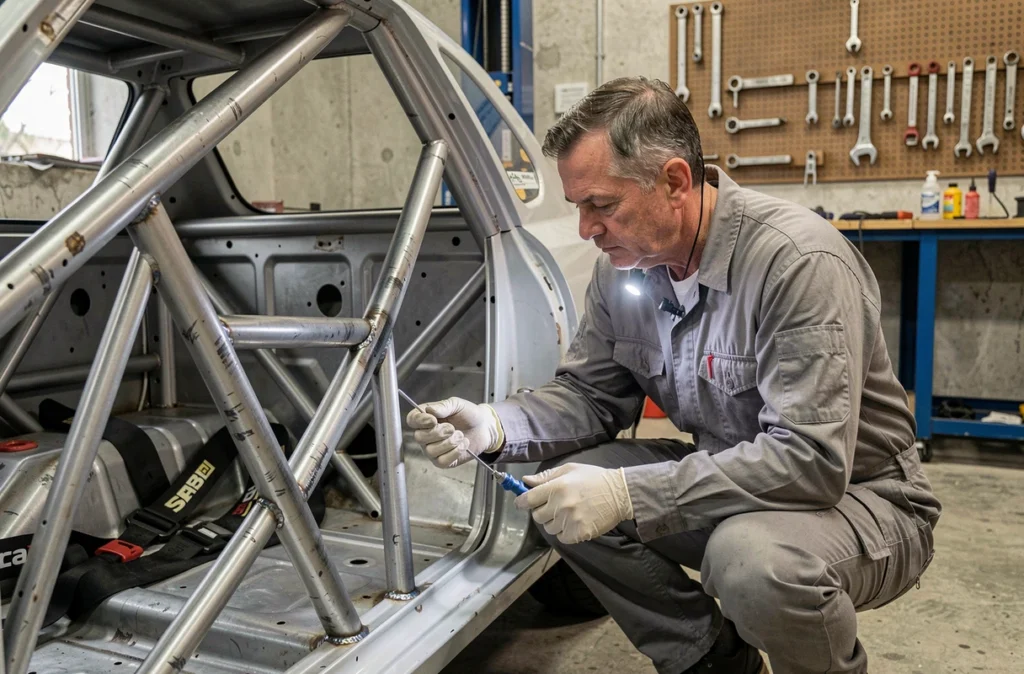 Mécanicien inspectant la cage de sécurité et les harnais d'une voiture de rallye occasion dans un garage automobile