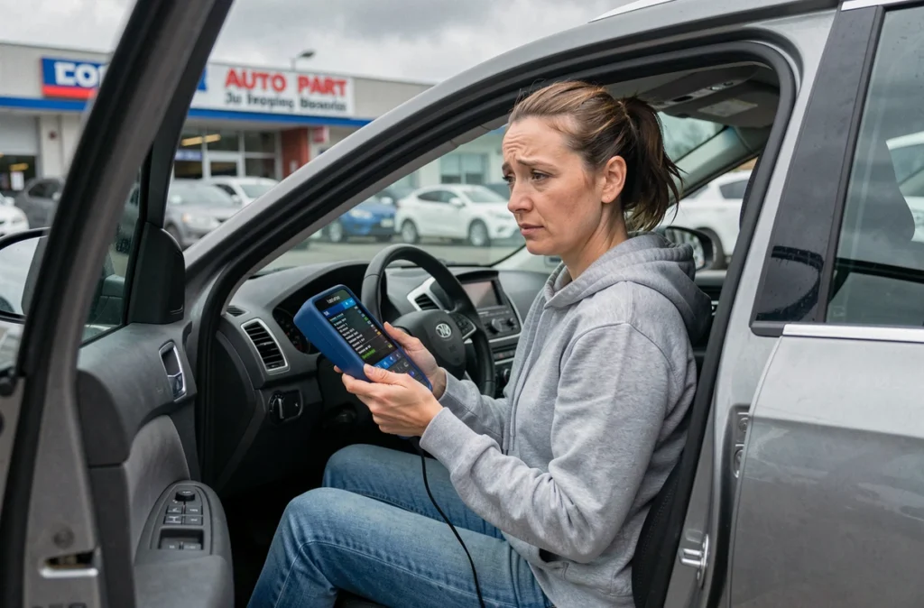 Femme lisant les codes de défaut sur un diagnostic scanner diesel après remplacement du relais de préchauffage