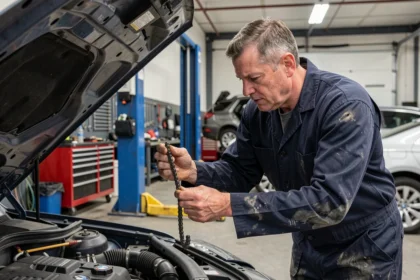 Mécanicien inspectant une chaîne de distribution cassée sur un moteur BMW dans un garage professionnel