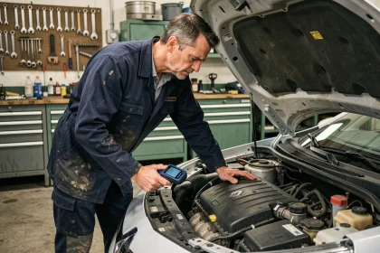 Mécanicien inspectant le moteur d'une Renault Clio 4 avec un scanner OBD2 dans un garage automobile