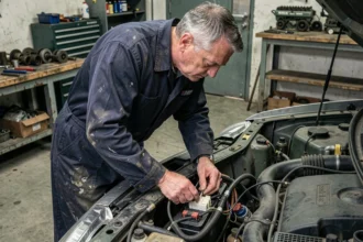Mécanicien diesel inspectant le faisceau électrique et le relais de préchauffage dans un moteur diesel en atelier