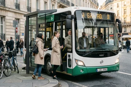 Des voyageurs urbains montent dans un minibus électrique partagé dans une rue animée de la ville