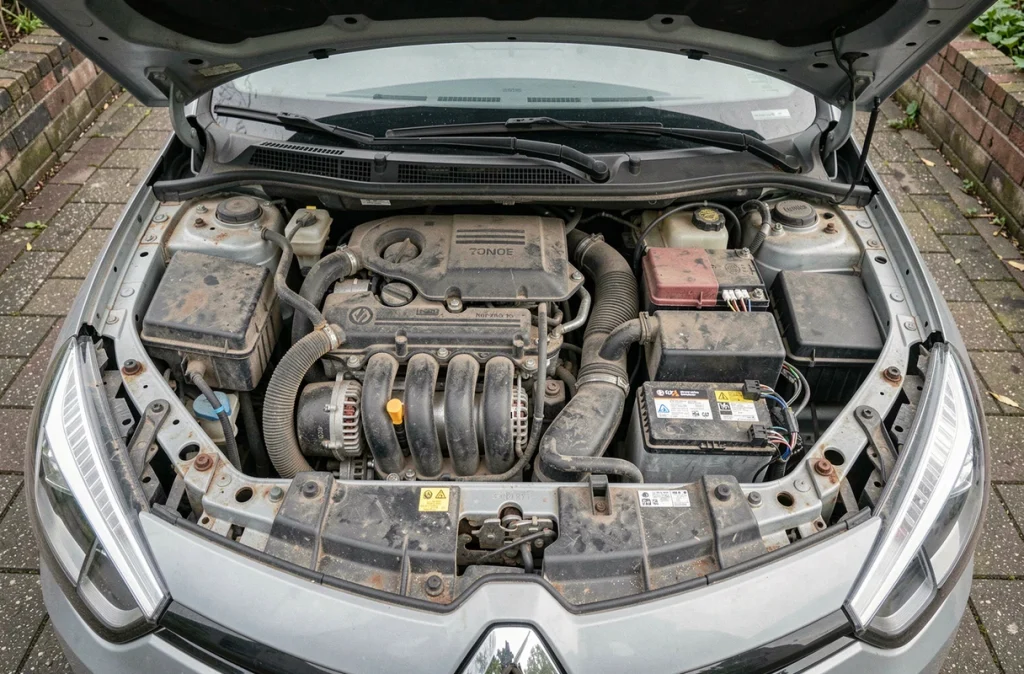 Compartiment moteur ouvert d'une Renault Clio 4 montrant le système Stop and Start et le câblage associé