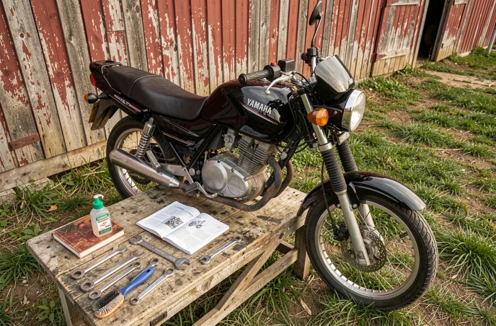 Outillage et manuel d'entretien disposés à côté d'une Yamaha 125 TZR lors d'une révision en milieu rural