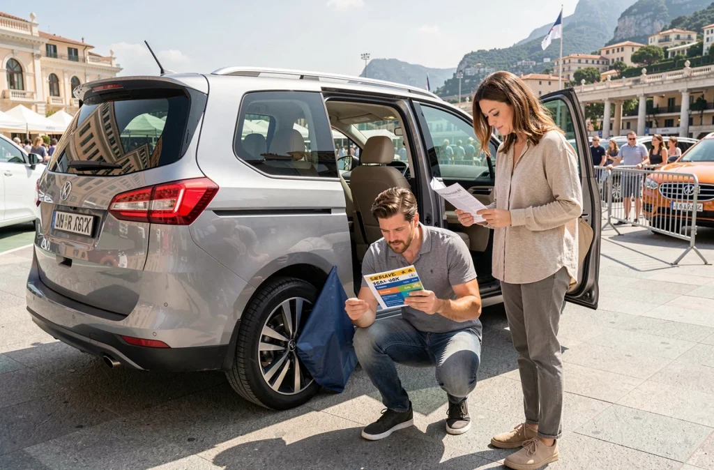 Parents comparant les prix et la sécurité d'un monospace familial au Salon Auto Monaco en extérieur