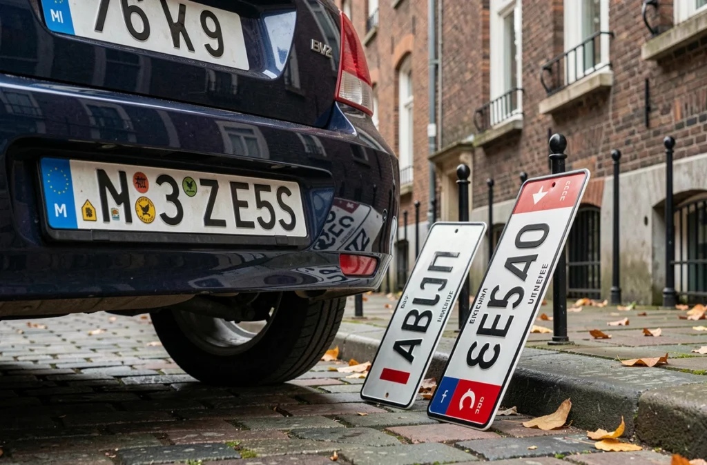Plaque d'immatriculation belge sur une voiture avec une ancienne plaque française posée contre le pneu