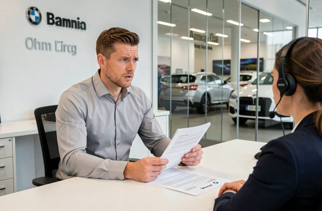 Propriétaire de BMW en discussion avec un conseiller de concession pour une prise en charge de sinistre moteur