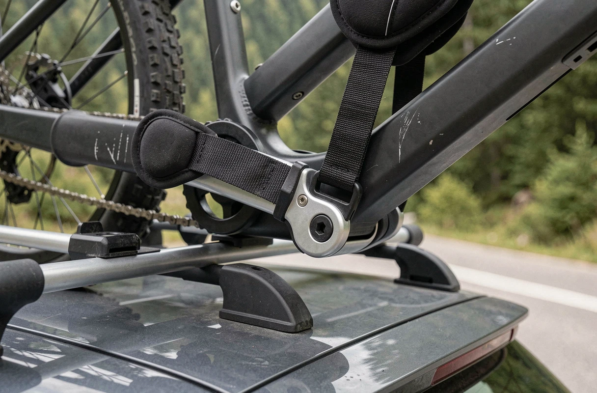 Gros plan sur les sangles de fixation d'un vélo électrique sur un porte-vélos de toit en montagne