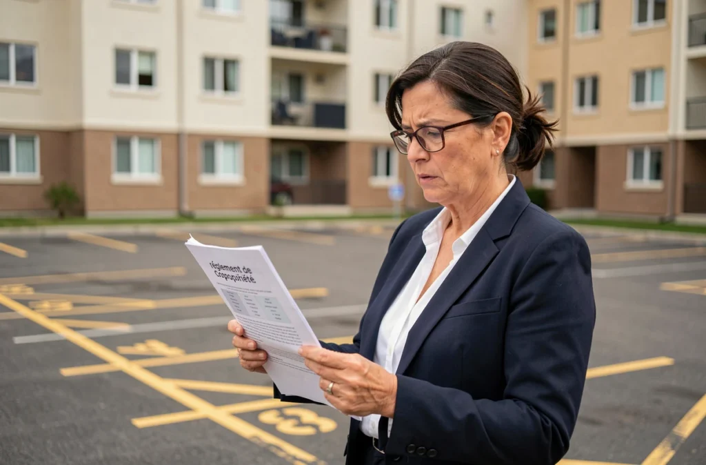 Syndic de copropriété consultant le règlement de copropriété concernant les places de parking dans une résidence