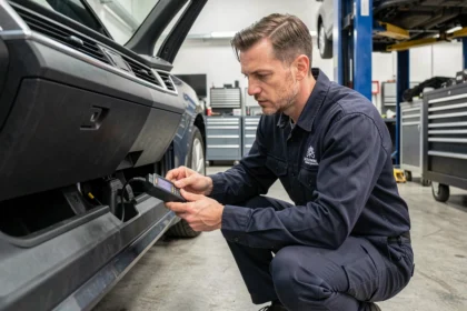 Technicien automobile branchant une balise de diagnostic OBD2 dans une voiture en atelier professionnel